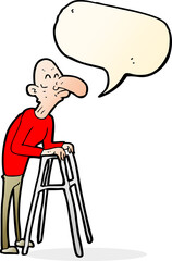 cartoon old man with walking frame with speech bubble