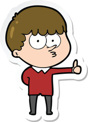 sticker of a cartoon curious boy giving thumbs up sign