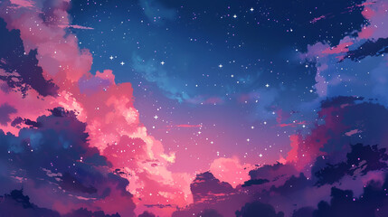 An art piece depicting a violet night sky with pink cumulus clouds and stars