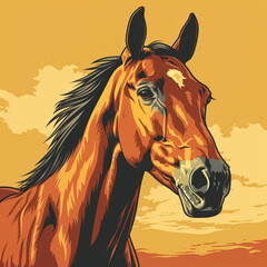 Graphic illustration of a palomino horse head with expressive eyes against a sunny yellow backdrop.