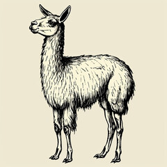 Fototapeta premium Hand-drawn illustration of a llama with a detailed fur texture on a minimalist beige background.