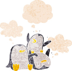 cartoon penguins with thought bubble in grunge distressed retro textured style