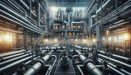 View of pipes and valves, valves inside an industrial factory for the production and transportation of oil and gas