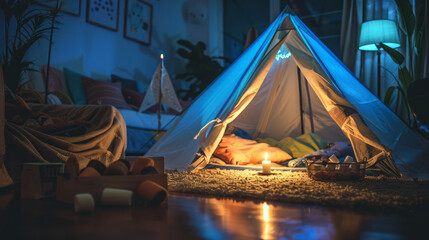 A dreamy blue-lit tent brings a magical touch to an imaginative indoor camping experience for kids