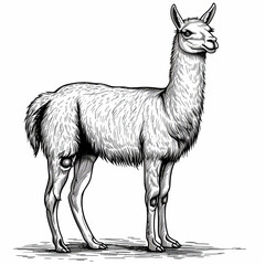 A detailed black and white illustration of a single llama standing with a calm expression.