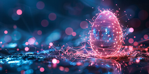 A glowing egg-shaped 3D model with intricate networks of lines and dots in a digital atmosphere. - obrazy, fototapety, plakaty