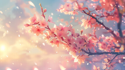 A pink cherry blossom tree shedding petals in a beautiful natural landscape