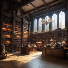 Warm sunlight bathes an antique library, highlighting the rich wooden bookshelves and vintage books, creating a serene scholarly atmosphere