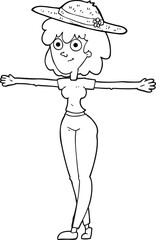 freehand drawn black and white cartoon woman spreading arms