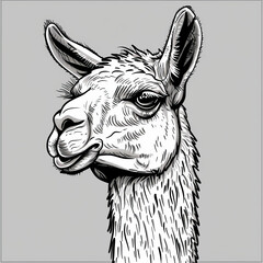 Naklejka premium Close-up black and white illustration of a llama's face with detailed fur texture and expressive eyes.