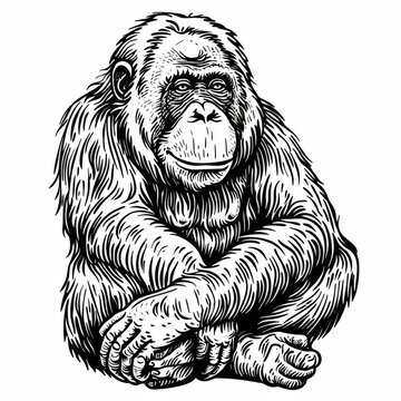 A detailed black and white illustration of a seated orangutan with a contemplative expression.