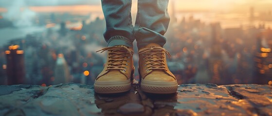 Adventurous Footwear Against Blurred Urban Backdrop Highlighting Outdoor