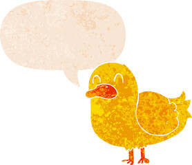 cartoon duck with speech bubble in grunge distressed retro textured style