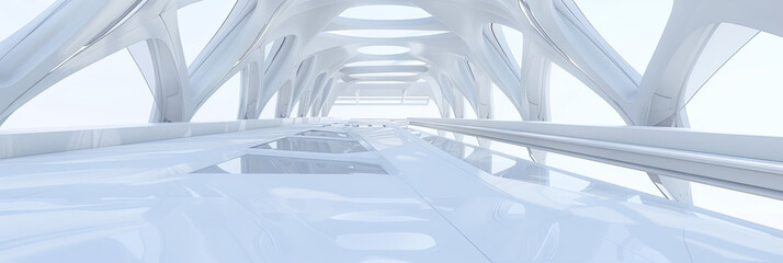 Ein futuristischer weißer Raum mit Glasdachfenstern,  Stahlträgern schafft eine geräumige, luftige Atmosphäre.