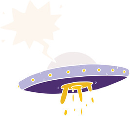 cartoon flying UFO with speech bubble in retro style