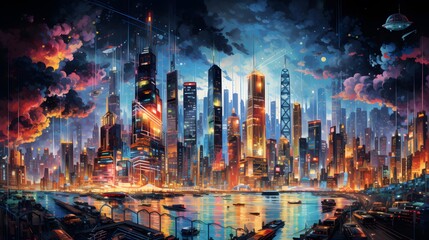 Panorama of skyscrapers in the city at night, illustration
