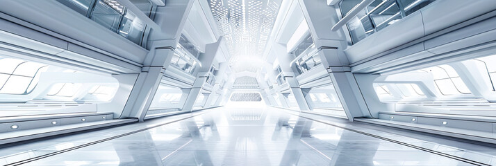 Ein futuristischer weißer Raum mit Glasdachfenstern,  Stahlträgern schafft eine geräumige, luftige Atmosphäre. - obrazy, fototapety, plakaty