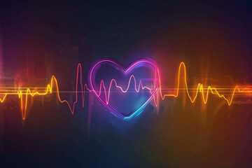 A heartbeat chart with a love symbol, vibrant neon light style