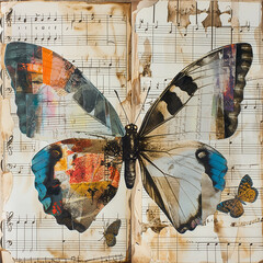 colorful butterfly on vintage paper , collage