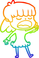 rainbow gradient line drawing of a cartoon woman talking loudly