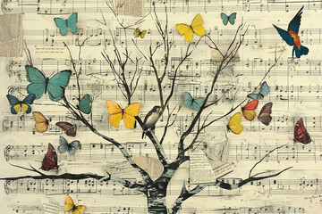 vintage collage of birds and butterflies on music paper, retro style
