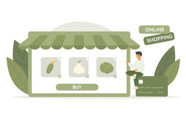 Man character choosing fresh vegetables from store. Online shopping service. Vector illustration in flat style