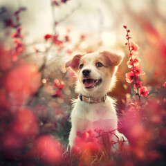 A dog sitting amidst vibrant red flowers under warm sunlight, with a dreamy atmosphere