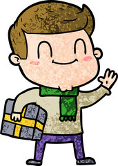 cartoon friendly man with xmas gift