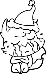 crying fox hand drawn line drawing of a wearing santa hat