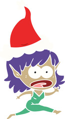 hand drawn flat color illustration of a shocked elf girl wearing santa hat