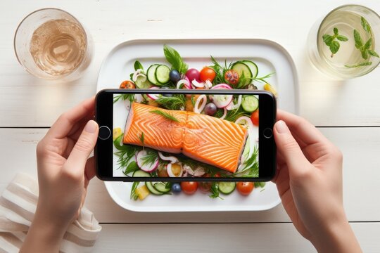 hands with a smartphone take pictures of fish. ingredients for diet, cooking. application for online food delivery.