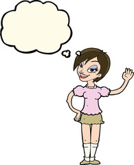 cartoon waving woman with thought bubble