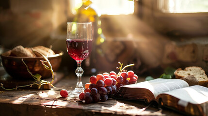 símbolos eucarísticos canva. Símbolos da Ceia do Senhor: Bíblia, copo de vinho e pão na mesa