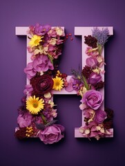 Letter H made of real natural flowers and leaves, on a violet background. Spring, summer and valentines creative idea.