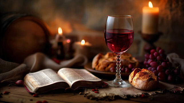 símbolos eucarísticos canva. Símbolos da Ceia do Senhor: Bíblia, copo de vinho e pão na mesa