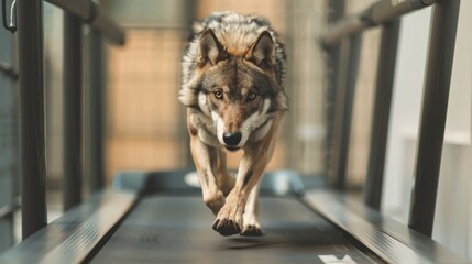 A wolf running on a treadmill, with determination, in a high-tech gym - obrazy, fototapety, plakaty