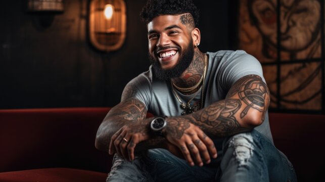 young African American man with tattoo smiling. portrait of a generation Z guy. drawing on the skin. self-expression and beauty