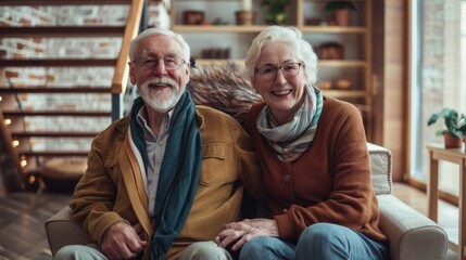Elderly couple smiling riding a sleek stairlift cozy home background - obrazy, fototapety, plakaty