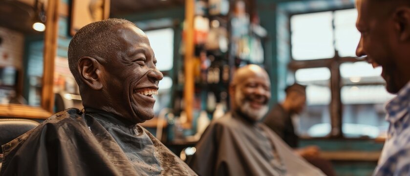 Middle-aged African American barber laughing with a client in a barbershop, scissors in hand