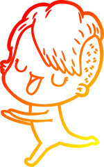 warm gradient line drawing of a cute cartoon girl with hipster haircut