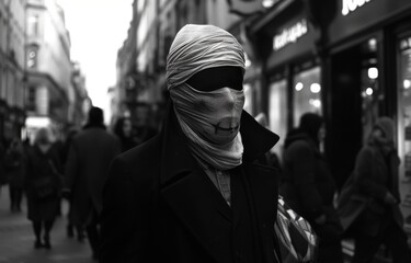 The invisible man in a busy London street, his bandaged form causing chaos and confusion among the unsuspecting crowd - obrazy, fototapety, plakaty
