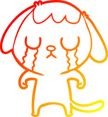 warm gradient line drawing of a cute cartoon dog crying