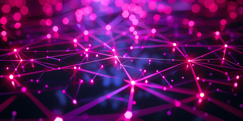 Vibrant purple and pink network connections with illuminated nodes and lines in a digital abstract background.