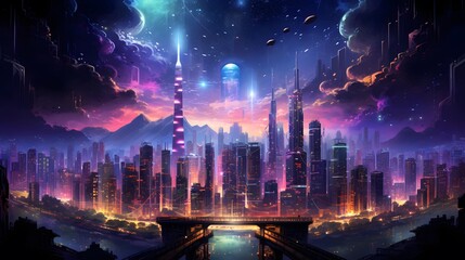 Futuristic city landscape with skyscrapers and river. Panoramic view of the city at night.