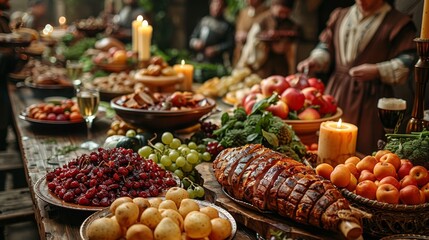 Medieval Banquet: Photograph a lavish banquet table with noble guests, feasting on roasted meats, fruits, and goblets of wine to showcase medieval dining customs