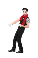 Funny mime artist in beret posing on white background