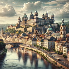 Compose a scenic view of an iconic old European city by a river, with the skyline dominated by historical buildings and a majestic castle perched