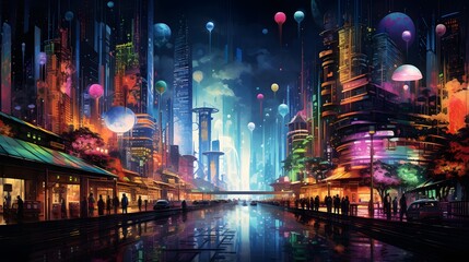 Futuristic night city panorama with neon lights and high-rise buildings - obrazy, fototapety, plakaty