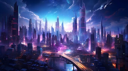 Futuristic city panorama with skyscrapers and high-rise buildings