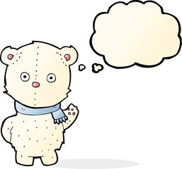 cartoon waving polar bear cub with thought bubble